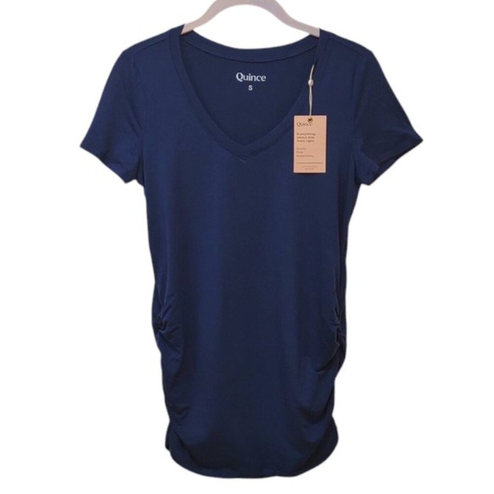 Quince Womens Navy Maternity Short Sleeve V-Neck Ruched Sides  T-shirt NWT